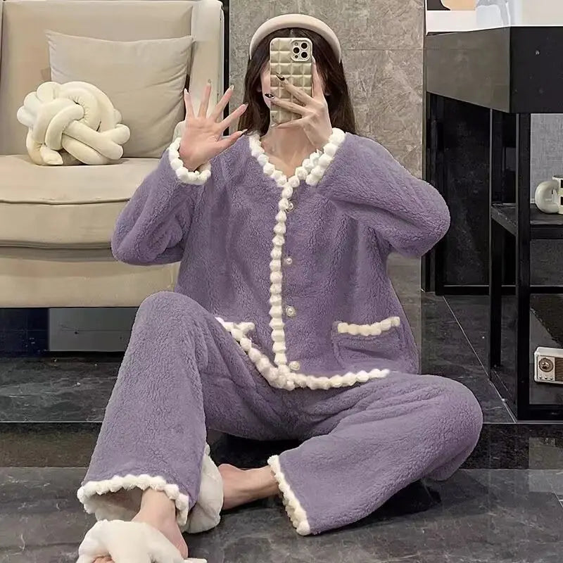 LIZAKOSHT  -  Coral Fleece Pajamas Women Autumn Winter Print Thickened Plush Sleepwear Cardigan Suit Warm Soft Homewear Long Sleeves Pajamas