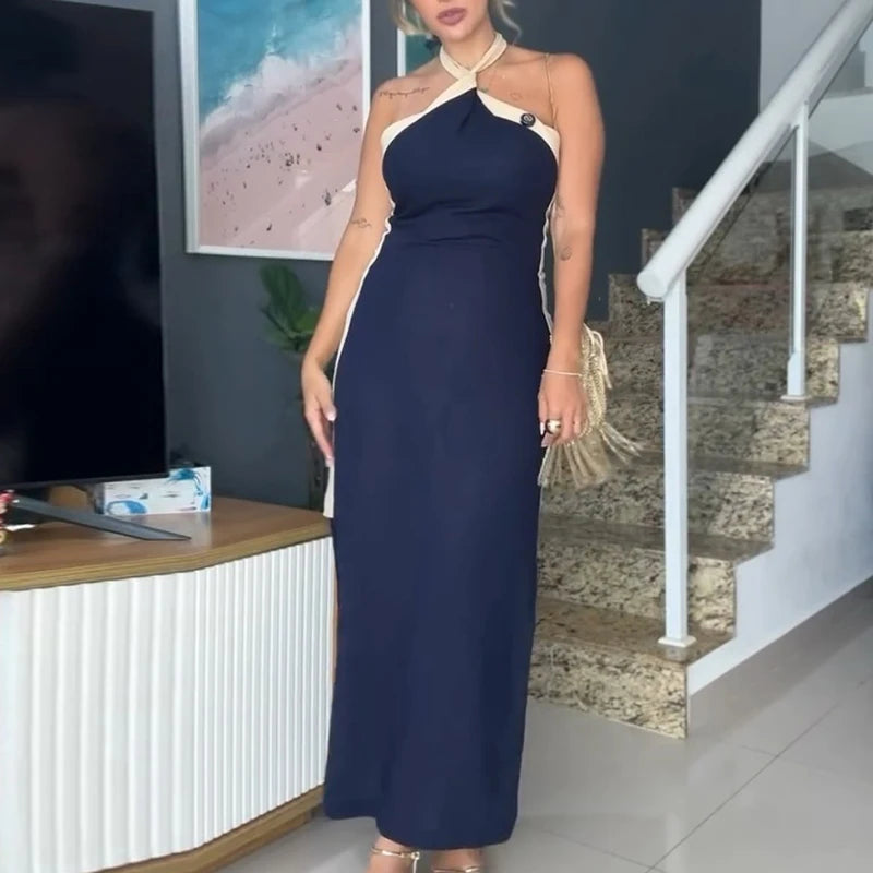 LIZAKOSHT  -  Women Fashion Cotton Linen Split Long Dress Elegant Sleeveless Backless Solid Party Dresses Sexy Cross Halter Temperament Dress