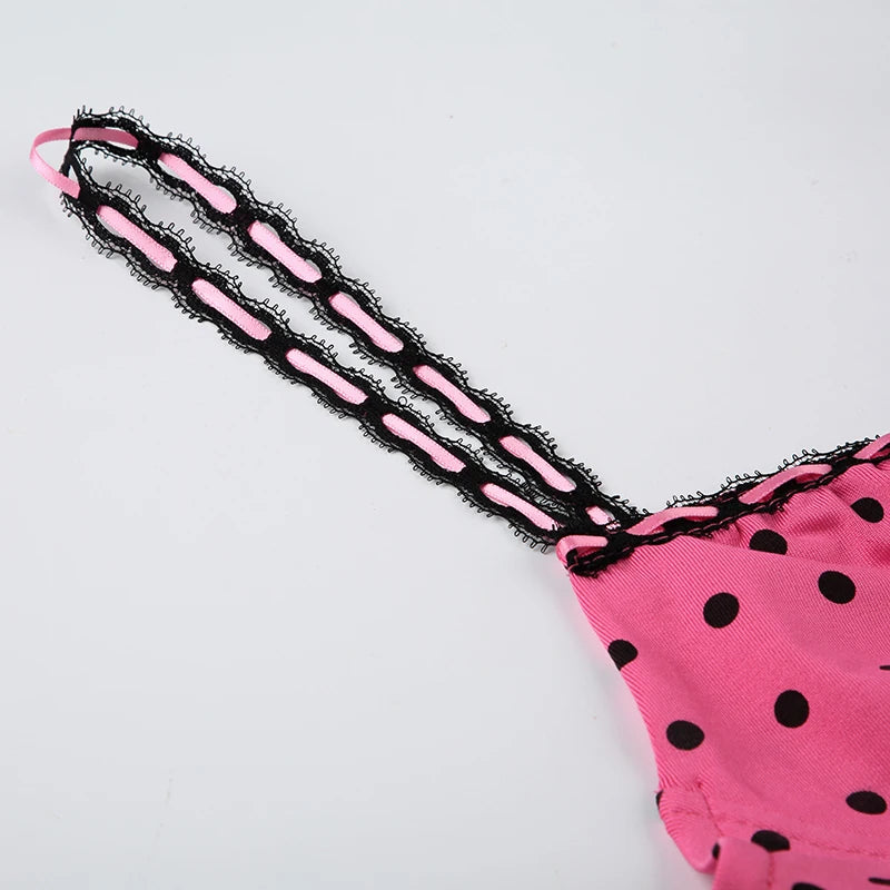 LIZAKOSHT  -  Fashionable Pink and Black Seductive Niche Polka Dot Strap Strap Top+sexy Sweet Striped Pleated Skirt