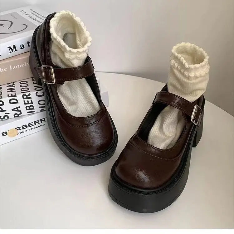 LIZAKOSHT  -  Bla Mary Jane Single oes for Women Thi Heel round Head Retro Japanese Sle Versatile Leather oes Roman Sle mid Heel