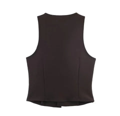 LIZAKOSHT  -  Vintage Deep Brown Buckle Buttons V neck Waistcoat Women OL Vest Jacket Outfits Casual Vacation Loose Tops