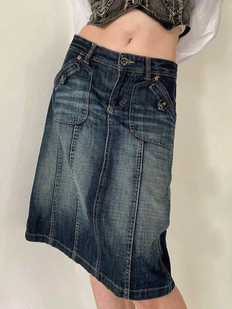 LIZAKOSHT  -  Vintage Blue Straight Denim Skirt Women American Retro Aesthetic Chic Stitch Cargo Mid Skirts Y2K Streetwear Grunge New