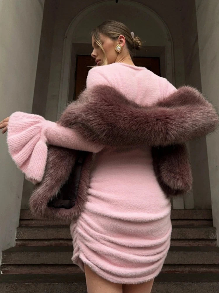 LIZAKOSHT  -  Fashion Solid Knitwear Mini Dress For  Women Slim Flare Sleeves High-Waist Pleats Streetwear Female Knitwear Bodycon Dress