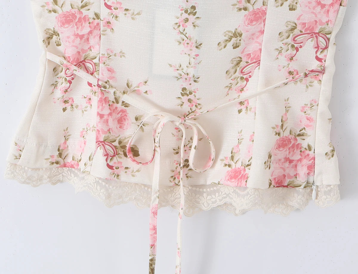 LIZAKOSHT  -  Sexy Pink Floral Print Bow Collar Elastic Strap Tank Top Slim Corset Women Lacing up Sashes Back Lace Hem Side Zipper Crop Vest