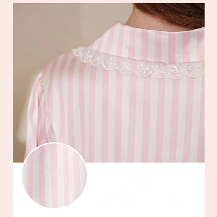 LIZAKOSHT  -  Pink Short-sleeved Loungewear Suit Sexy Women 2 Piece Outfit French Striped Silk Lace Top Shorts Set Casual Pajamas Tracksuit