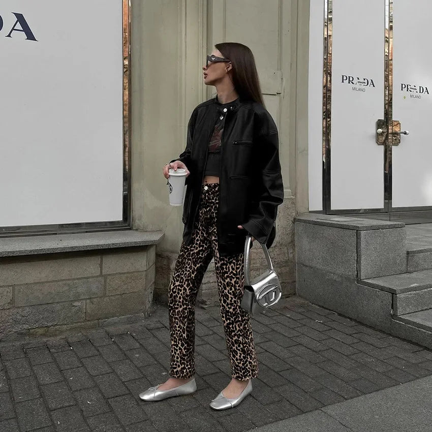 LIZAKOSHT  -  Retro Chic Leopard Print Pencil Pants For Women Fashion Casual High Waist Long Pant 2024 Spring New Female Commuting Trousers