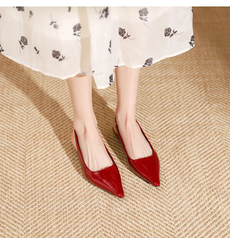 LIZAKOSHT -  Delicate Red Shiny Leather Sandals Woman Slingback Low Heels Shoes Ladies Party Brides Tacones Mujer Pointed Toe Flats Sandalias