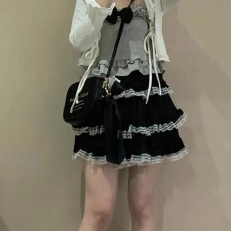 LIZAKOSHT  -  Harajuku Sweet Lolita A-line Skirt for Women Y2k High Waist Ruched Lace Cake Skirts Summer New Pink Faldas Mujer