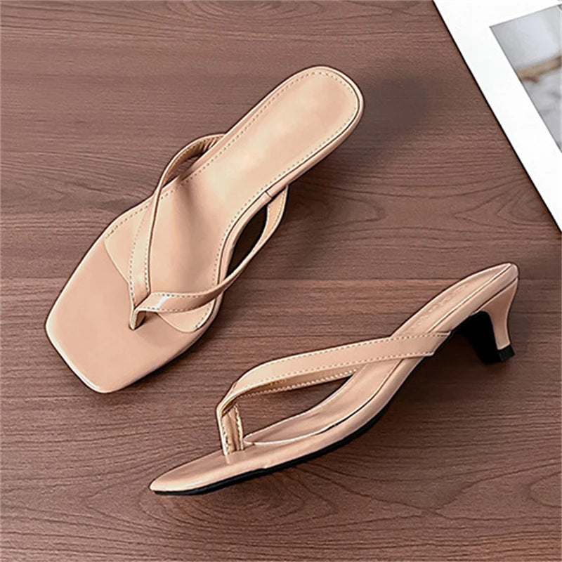LIZAKOSHT  -  Summer Fashion Square Clip Toe Thin Low Heels Women Slippers Elegant Flip Flops Ladies Shoes Outdoor Casual Sandals