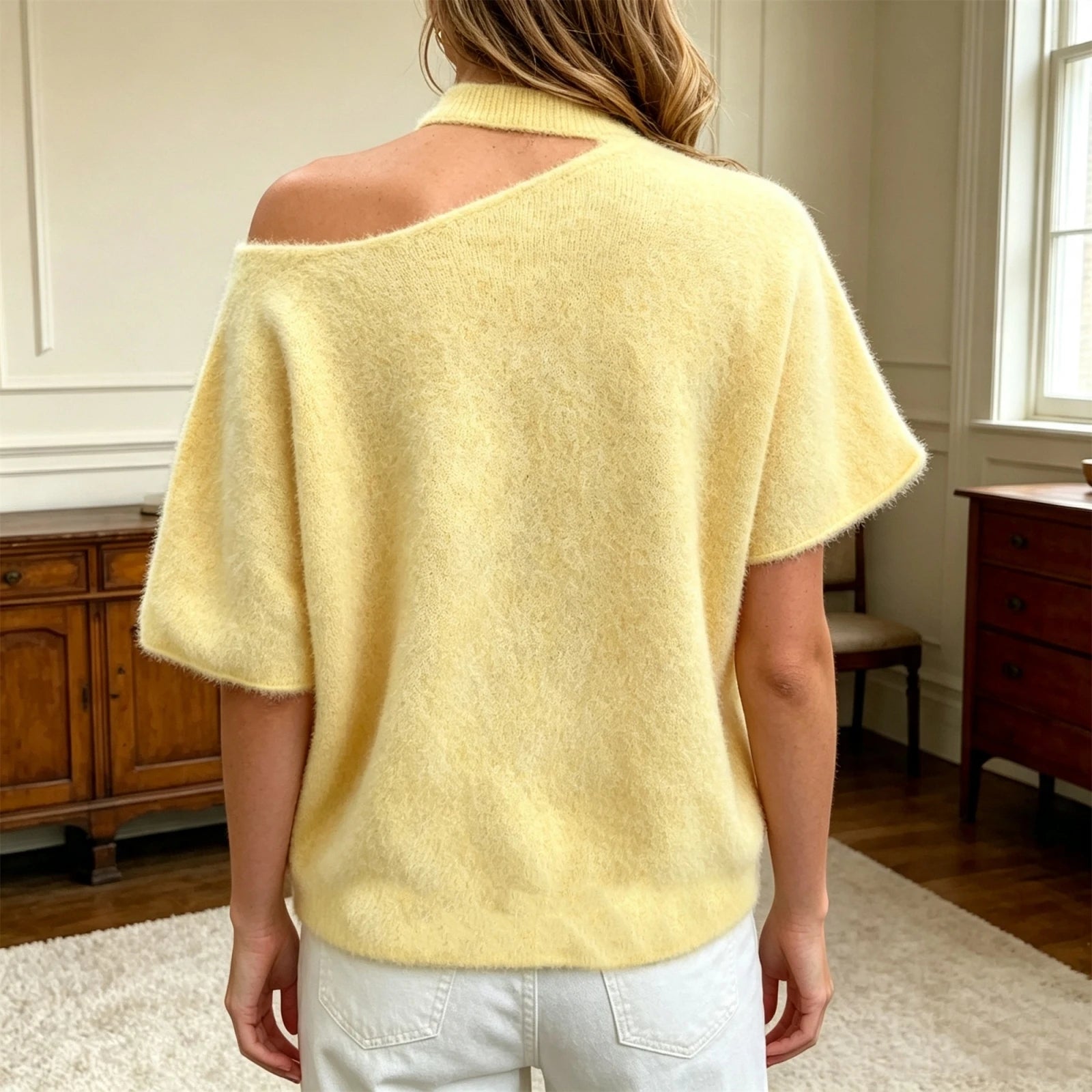 LIZAKOSHT  -  Women Vintage Fluffy Asymmetrical Cold Shoulder Knit Top Hollow Choker Neck Loose Casual French Daily Sweater Blouse