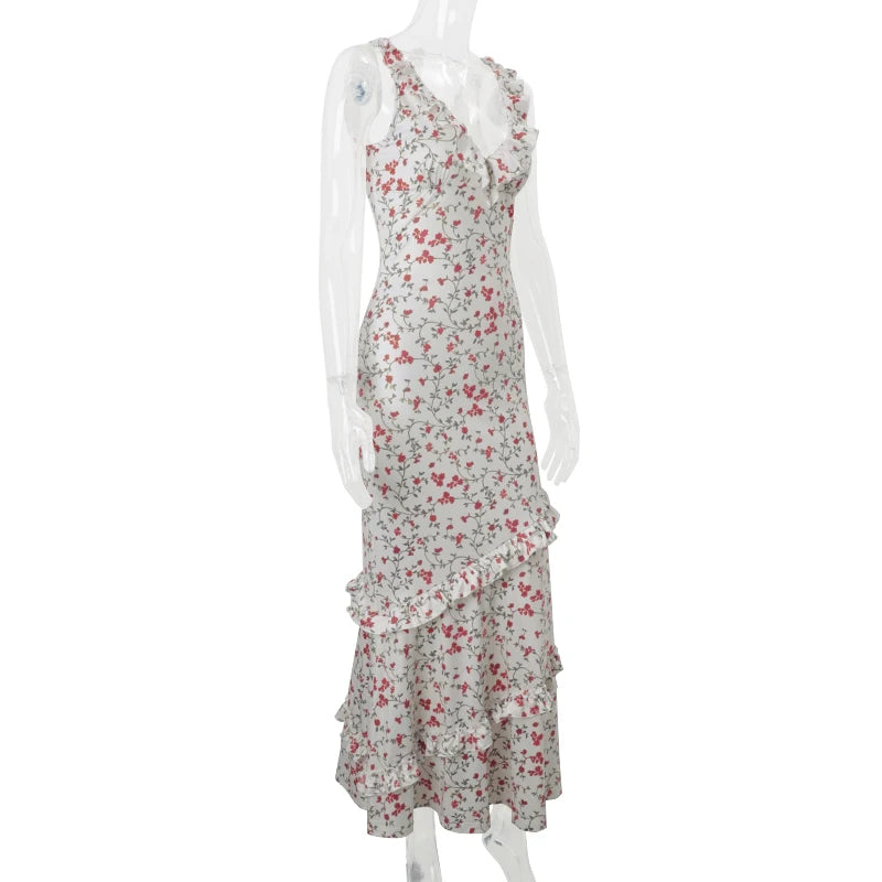 LIZAKOSHT  -  Floral Print Sexy V Neck Ruffles Elegant Bodycon Maxi Dresses Spring Fashion Holiday Streetwear Party Women Vestidos