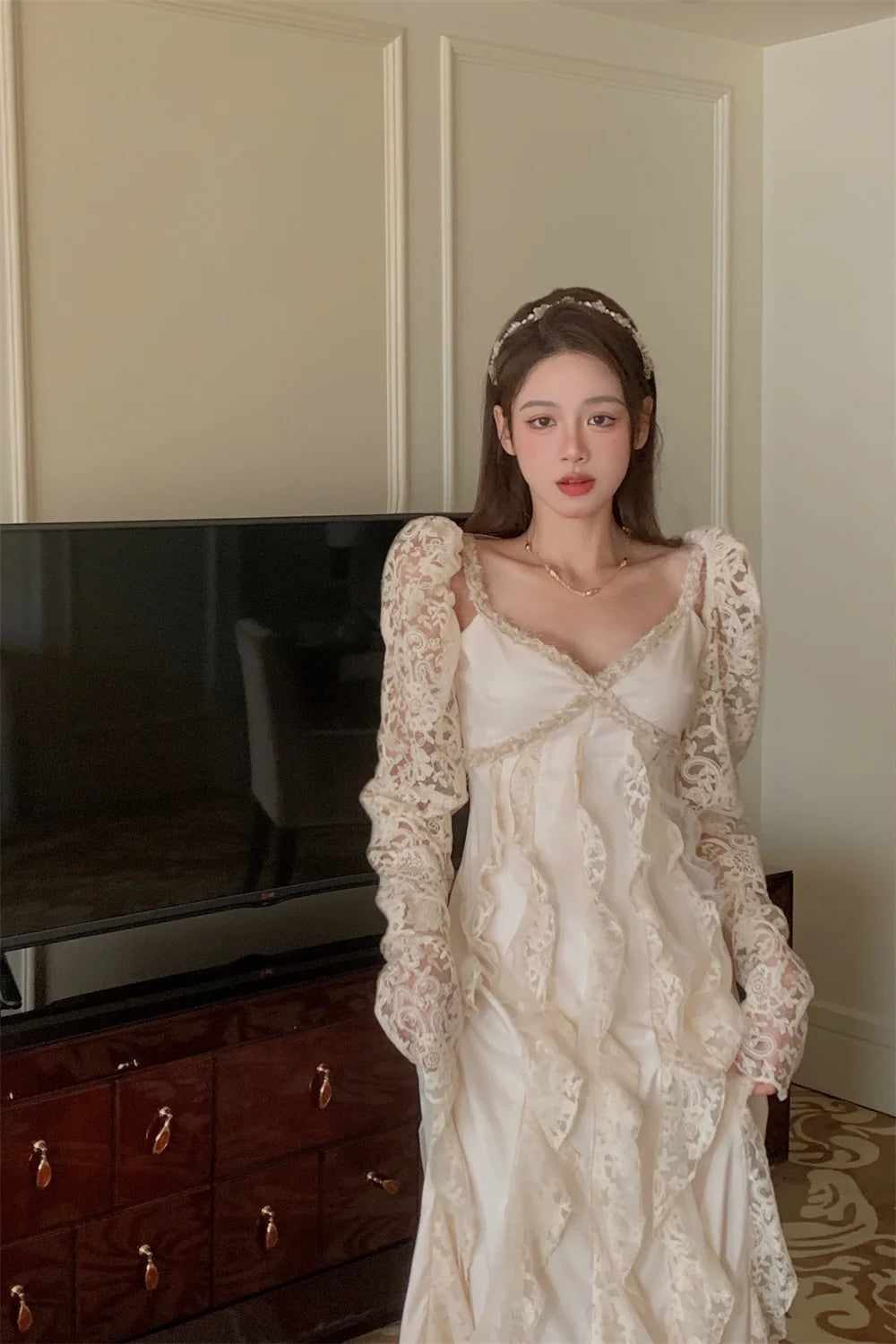 LIZAKOSHT -  Summer Pure Color Office Lady Sweet Lace Long Dress Beach Style Y2k Travel Dress Women Elegant One Piece Dress Korean