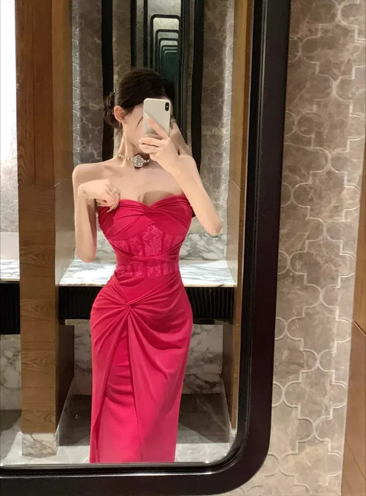 LIZAKOSHT  -  Dresses Women Sexy Lace Patchwork Strapless Slim Ruched Backless Temperament Cocktail Dress Party Female Fashion