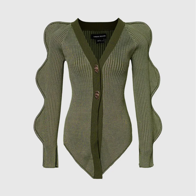 LIZAKOSHT  -  V-Neck Shoulder Pad Knit Jacket Woman Wavy Edge Sleeves Single Breasted Solid Color Slim Tops Versatile Causal Women's New Tops