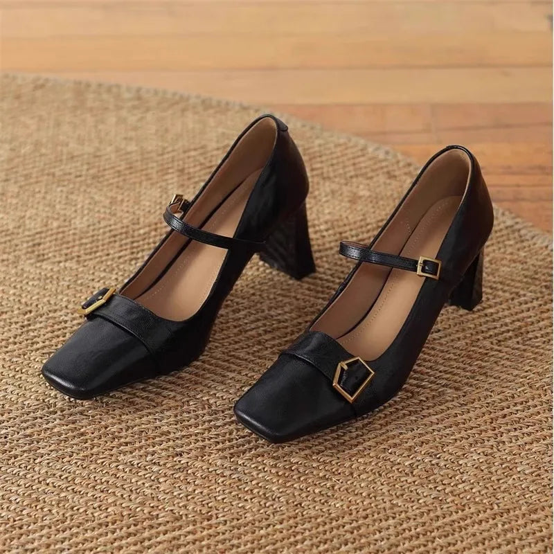 LIZAKOSHT  -  Metal Buckle Decoration Mary Jane Shoes Women Comfortable Leather High Heels Elegant Chunky Heel Women Pumps Zapatos De Mujer