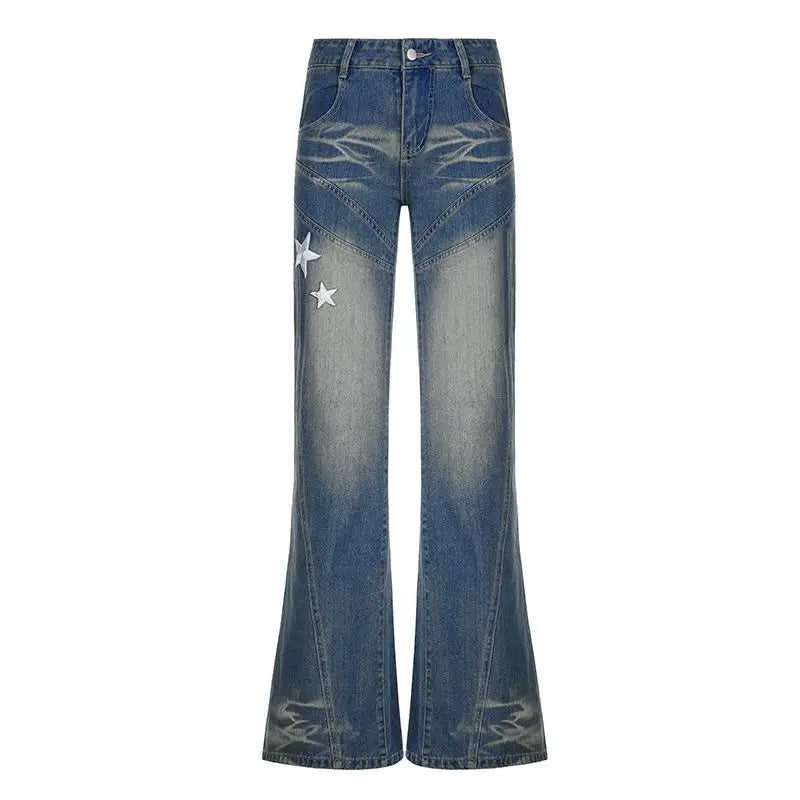 LIZAKOSHT  -  bell-bottoms Embroidered Star American Retro Women Street Y2K Jeans Wide Leg Loose Stripe All-match Mopping Pants Fashion Street