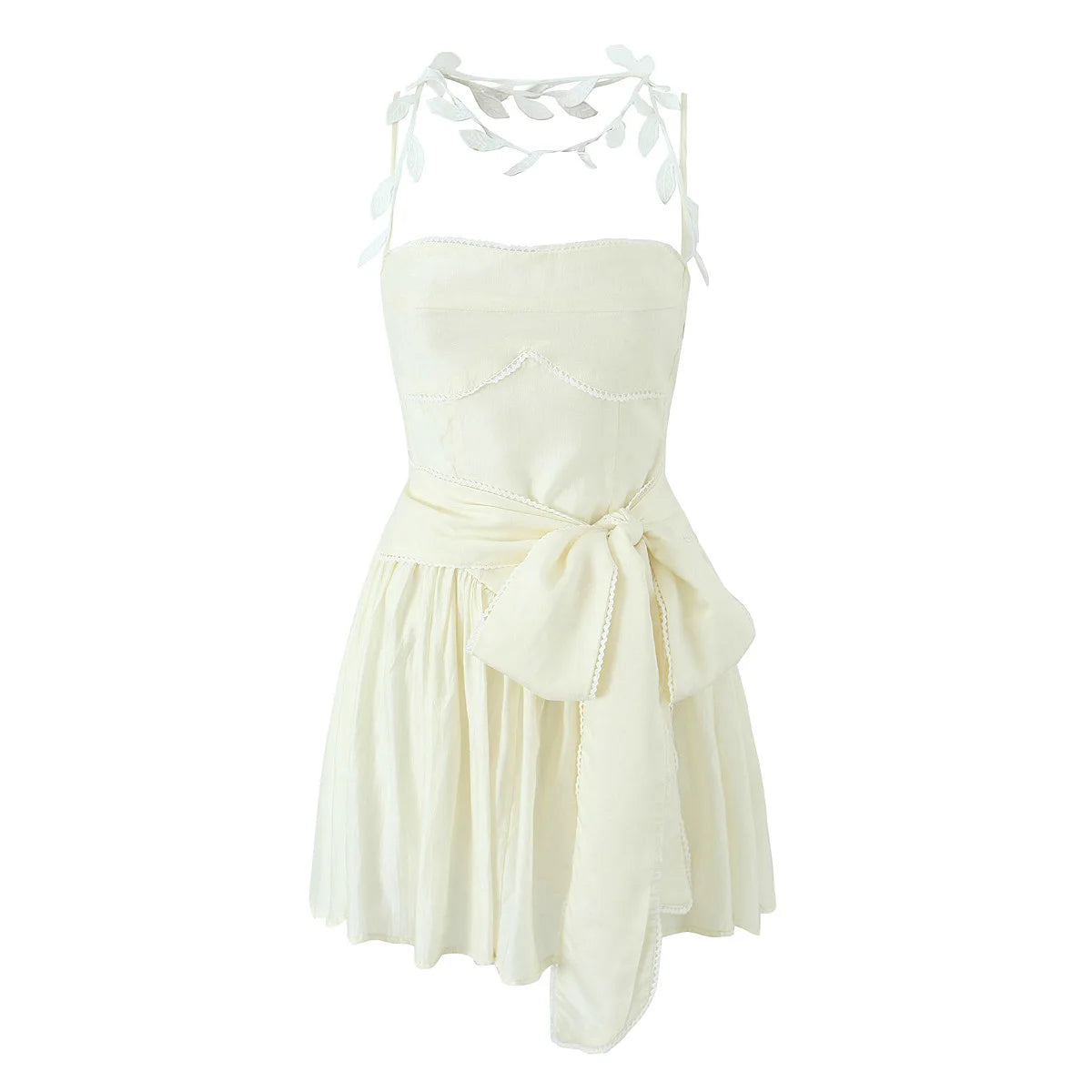 LIZAKOSHT  -  Women Bow Sashes Party Skater Short Sling Robe Vestido Sexy Beige Ruched Bra Corset style Halter Leaves Tassel Mini Dress