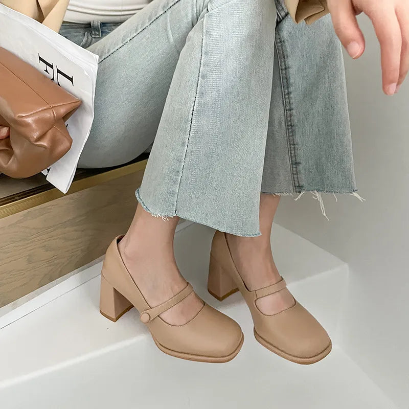 LIZAKOSHT  -  Fashion Pumps New Women's Heels High Quality Genuine Leather Round Toe Shallow Mouth High Heel Mary Janes Women's Shoes
