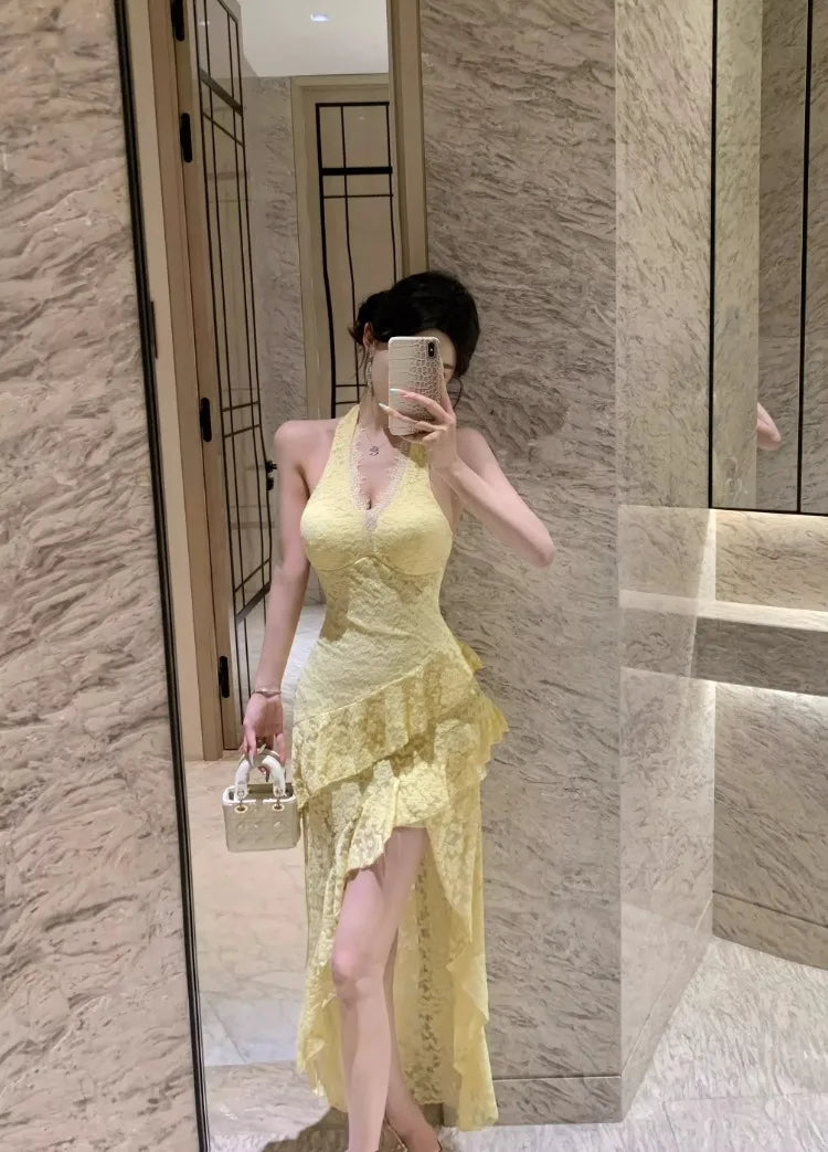 LIZAKOSHT  -  Dresses Women Elegant Sleeveless Lace Patchwork Irregular Slim Halter Backless Sexy Party Dress Sweet Clubwear Female