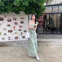 LIZAKOSHT  -  Women's French Style Floral Spaghetti Strap Maxi Dress Beach Vacation Dress