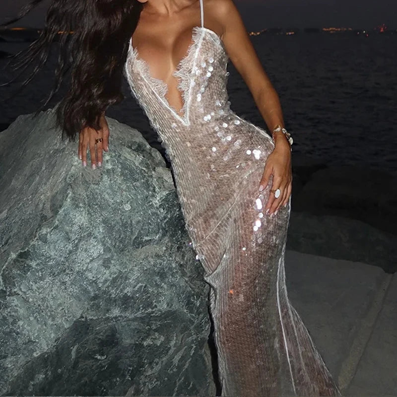 LIZAKOSHT  -  Summer Women Elegant Hollow Out Gowns Sexy Deep V-neck Sleeveless Beach Dress Spring Fashion Sequin Shinny Slim Long Dress