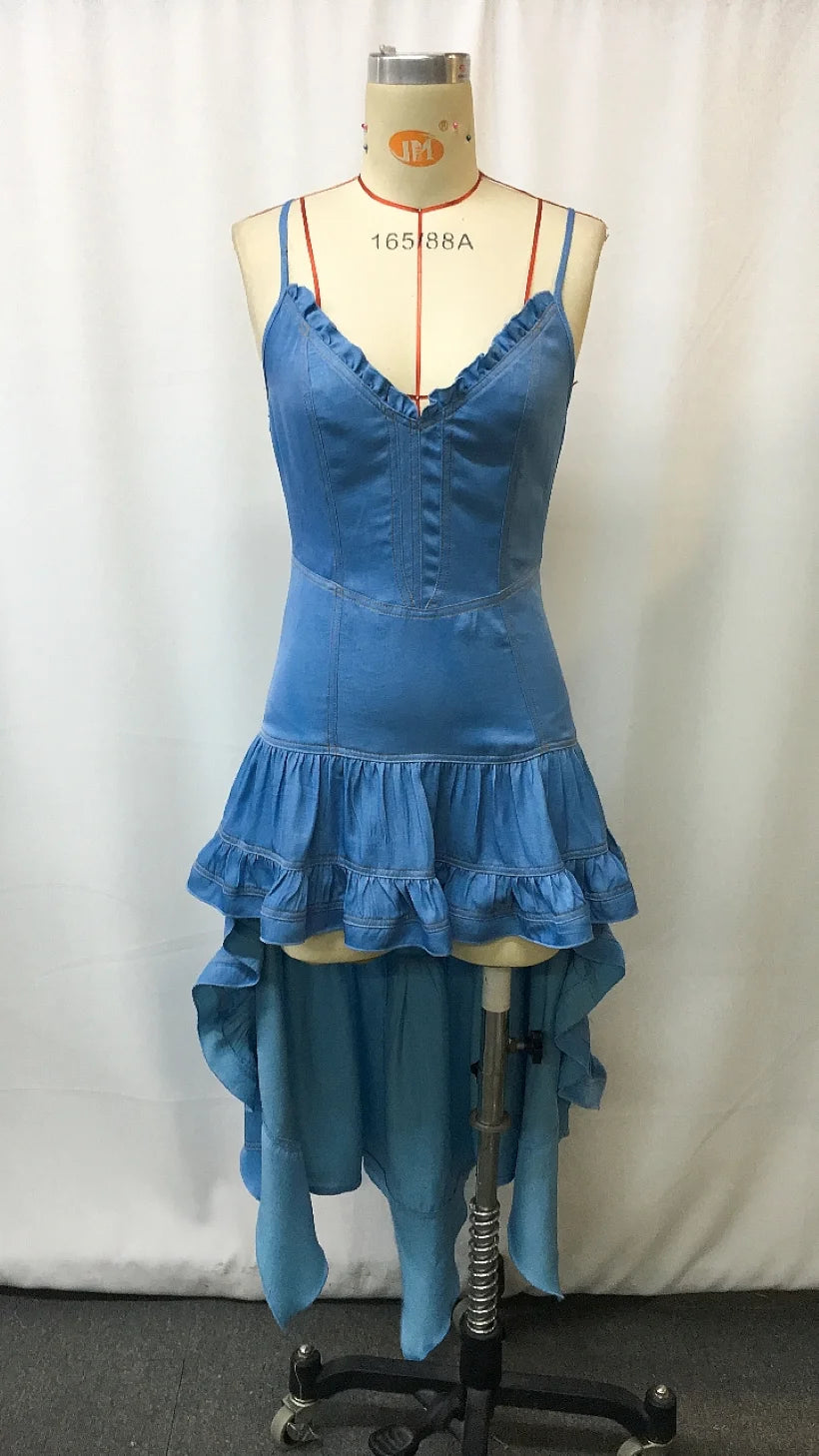 LIZAKOSHT  -  Women's Denim Retro Western Midi Flare Dress with Ruffle Skirt - Vintage Cowboy Style Fall Fashion, Stretch Comfort