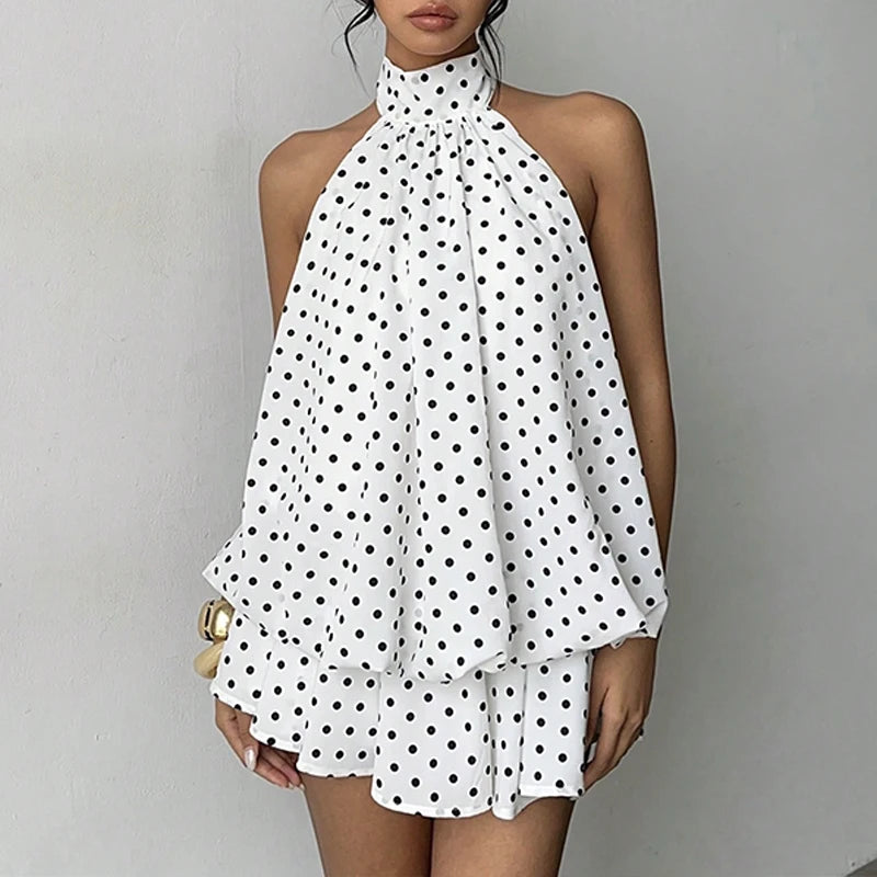 LIZAKOSHT  -  Beach Vacation Summer Ruffles Mini Sleeveless Dress Women's Fashion Solid Color Hanging Neck Open Back Pleated Dresses