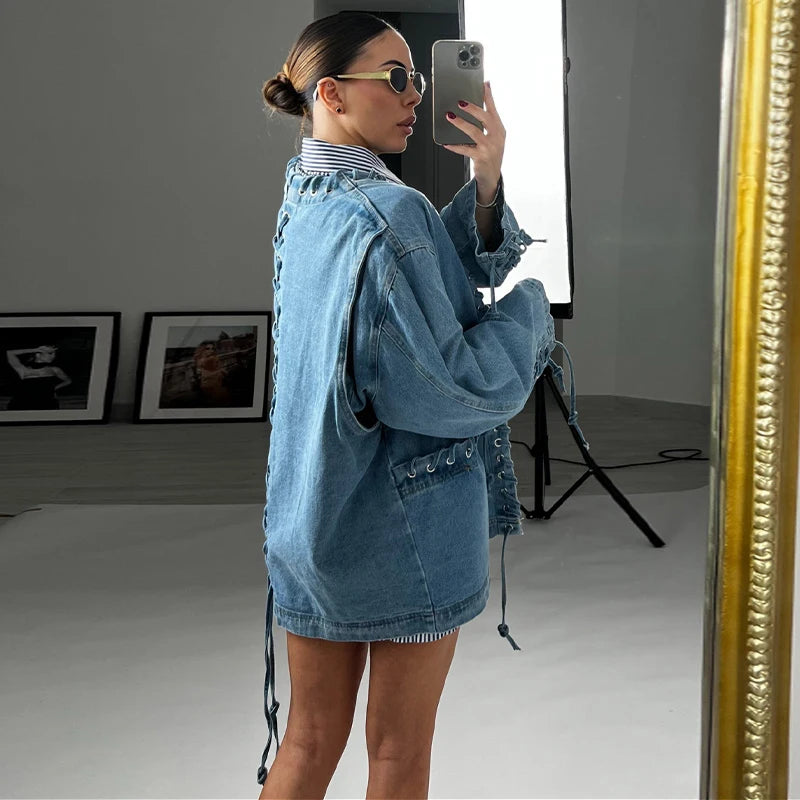 LIZAKOSHT  -  Fashion Women's Blue Denim Coat V-neck Loose Big Pockets Lace Up Bandage Jackets Female 2025 Autumn Lady All-matching Outwears