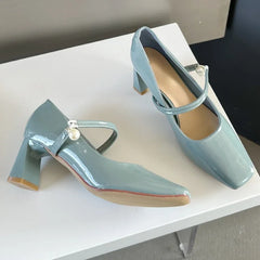 LIZAKOSHT  -  Fashion Chunky Mary Jane Shoe Patent Leather Elegant Dress Shoes Pearl Buckle Comfort Spring Square Toe High Heels Female Pumps