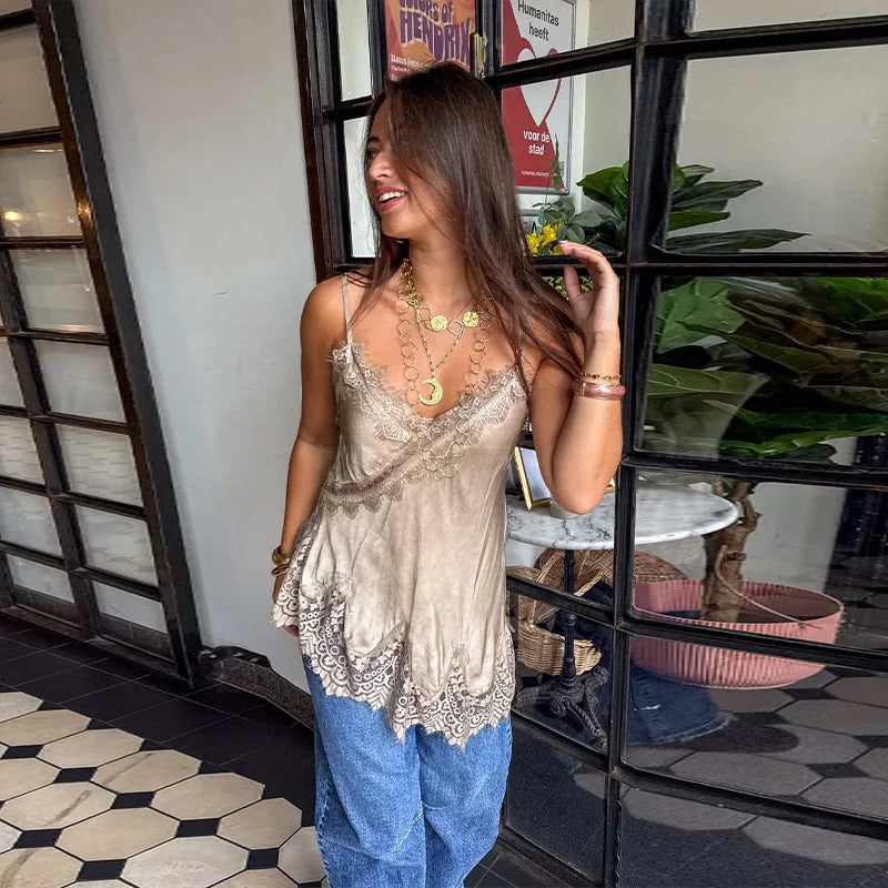 LIZAKOSHT  -  Sexy Satin Sling Tops Women V Neck Hollow Out Patchwork Lace Irregular Tank Top Female New Chic Solid Fashion Streetwears