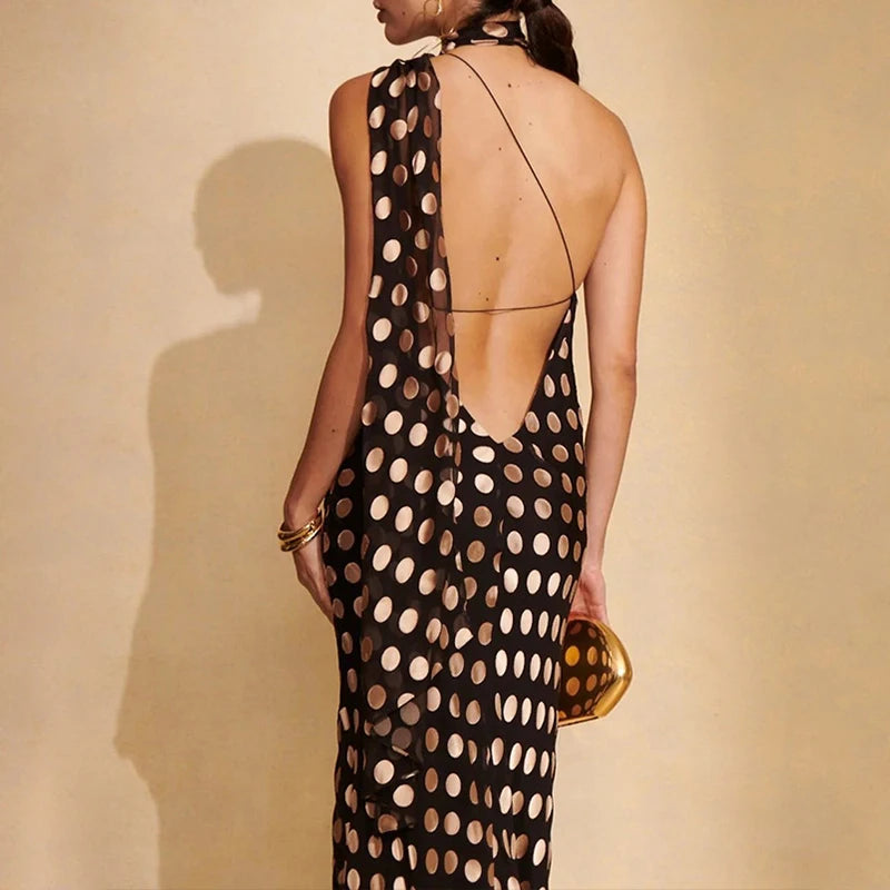 LIZAKOSHT  -  Elegant Hanging Neck Backless Off-shoulder Polka Dot Chiffon Slimming Irregular Long Dress Party Vacation Clothes For Women