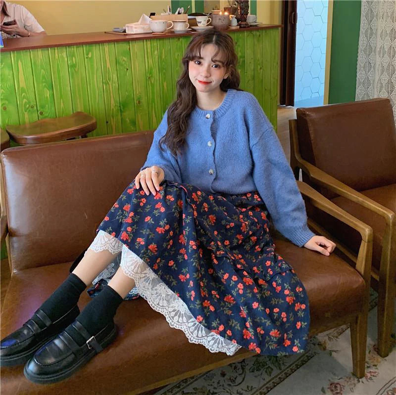 LIZAKOSHT  -  Vintage Floral Midi Skirt Women Lace Patchwork High Waist A Line Loose Casual Skirts Fall Winter Retro Harajuku Elegant Skirt