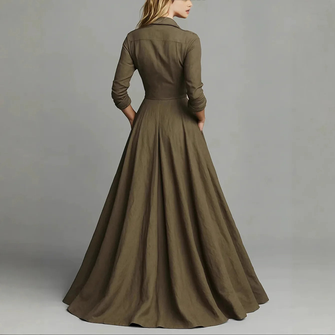 LIZAKOSHT  -  European American Women Dresses Retro Turndown Collar Pocket Long Dress Autumn Single Breasted Long Sleeve A-Line Street Dress