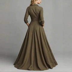 LIZAKOSHT  -  European American Women Dresses Retro Turndown Collar Pocket Long Dress Autumn Single Breasted Long Sleeve A-Line Street Dress