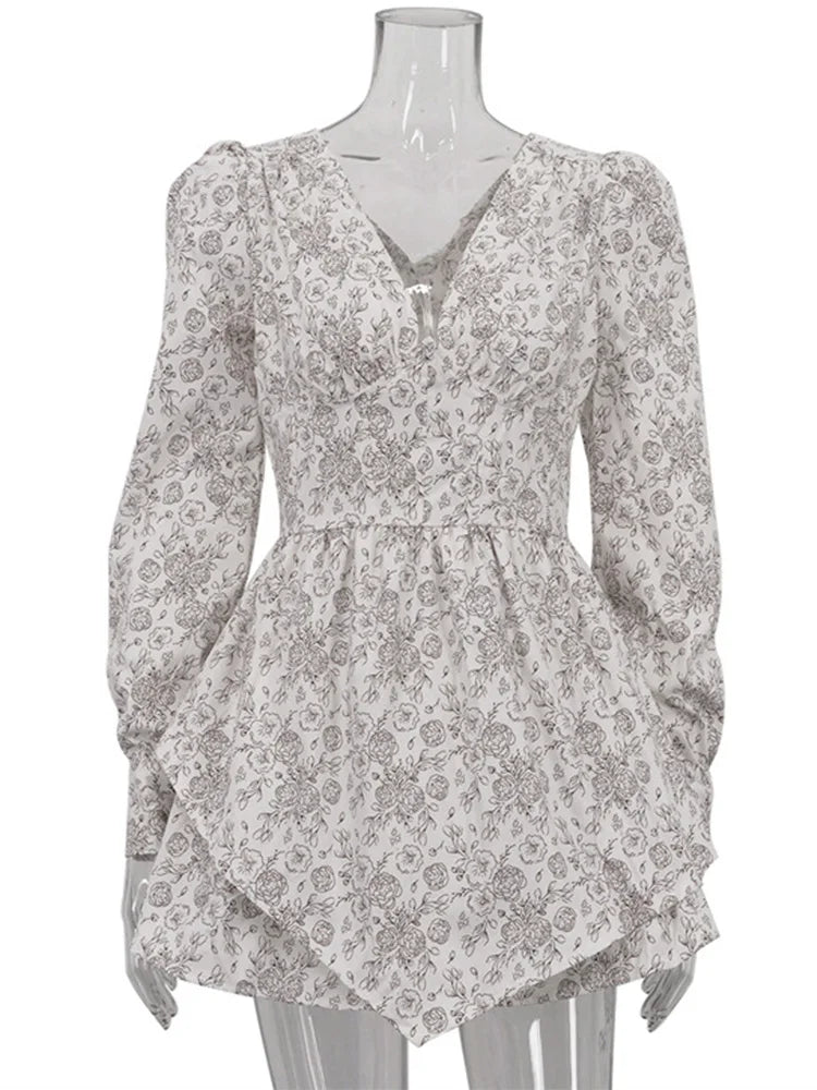 LIZAKOSHT  -  V Neck Print Ruffle Dress For Women High Waist Slim Patchwork Long Sleeve Short Dresses Party Sexy Bodycon Elegant Dress