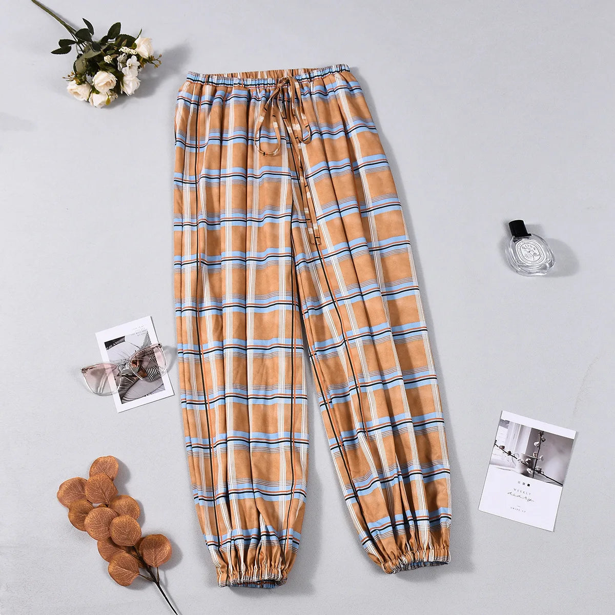 LIZAKOSHT  -  Y2K Vintage Plaid Printed Loose Pants Women Boho Ramie Bloomers Female Fashion Versatile Drawstring Streetwear Casual Trousers