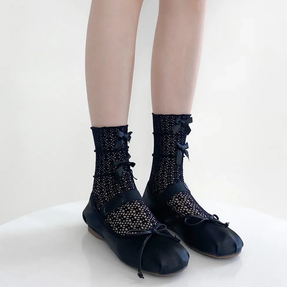 LIZAKOSHT -  Japanese Style Girls Long Socks Summer Hollow Out Mesh Breathable Lace Ruffle Socks JK Lolita Kawaii Bowknot Cute Socks Women