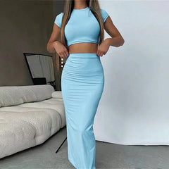 LIZAKOSHT  -  Sexy T-shirt Skirt Two Piece Set Women New Short Sleeve O-Neck Crop Top High Waist Skirt Solid Fashion Suit Streetwear Partywear