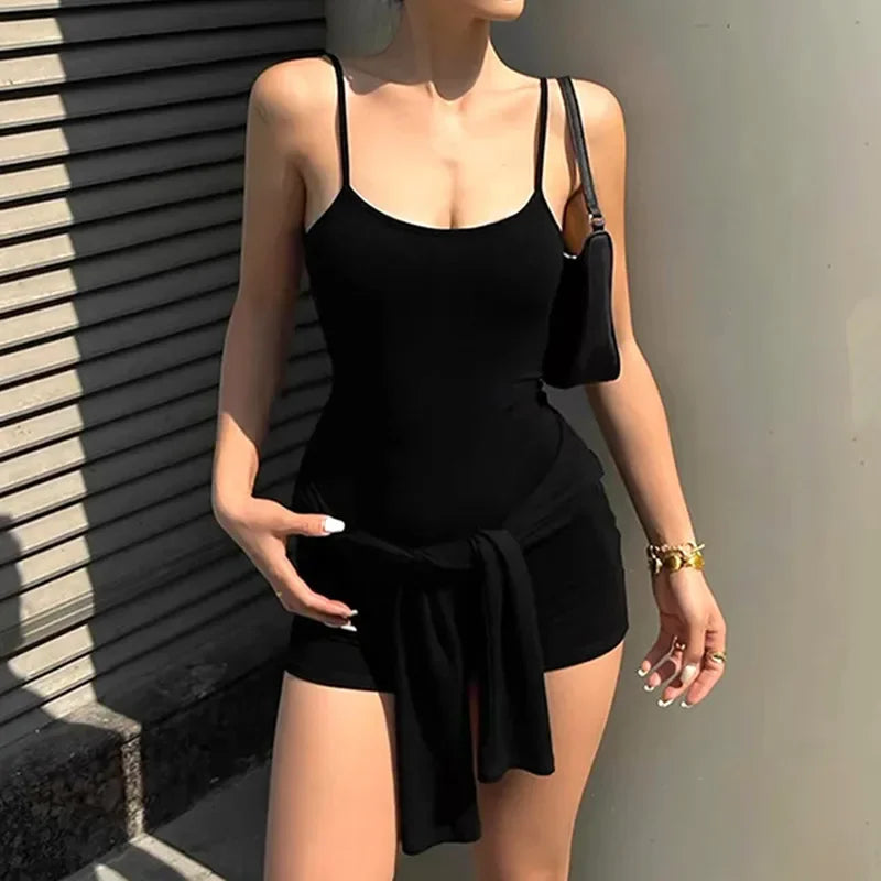 LIZAKOSHT  -  European and American Summer Fashion Solid Color Sports Casual Style Suspender Shorts Integrated Long Sleeve Vest Jumpsuit Set