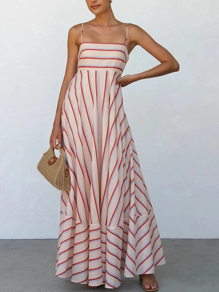 LIZAKOSHT  -  Elegant Sleeveless Off Shoulder Pleat Party Dress Summer New Lady High Waist Swing Maxi Dress Casual Stripe Printed Halter Dress