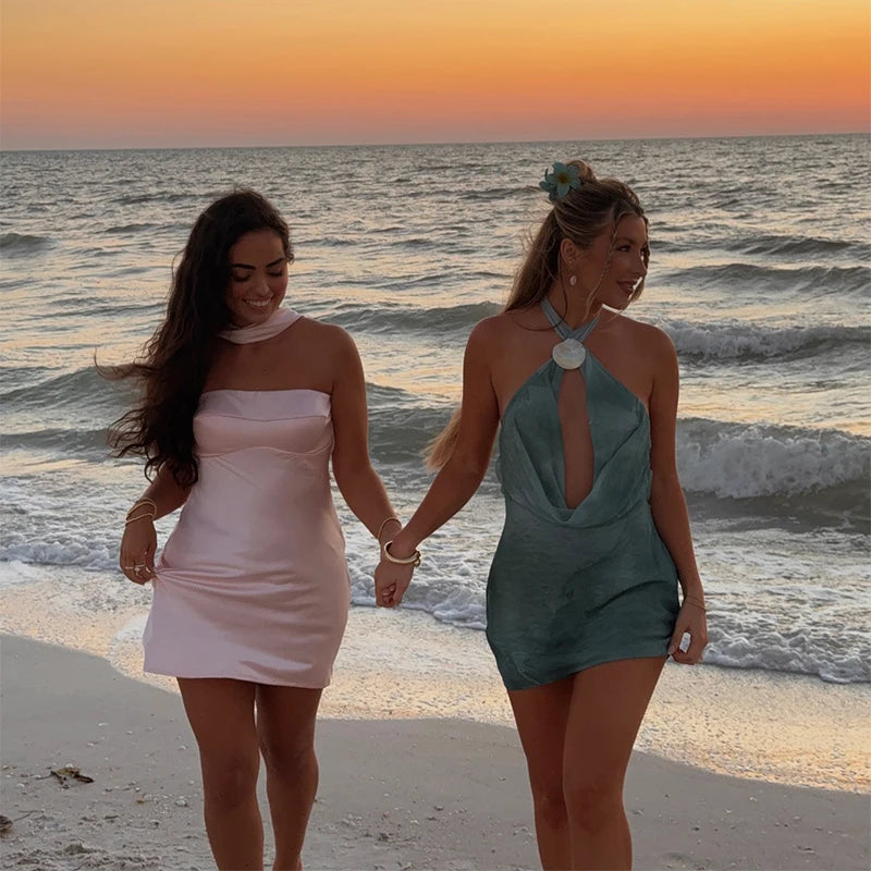 LIZAKOSHT  -  Sexy Green Halter Short Dress Women Slim Lace Up Hollow Out Sleeveless Backless Dresses 2025 Summer Lady Party Beach Robes