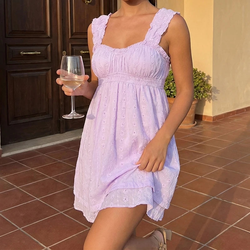 LIZAKOSHT  -  Ruffles Hem Babydoll A-line Dress Vintage Eyelet Mini Dress Women Sleeveless Square Neck Ruched Bust Flowy Dress