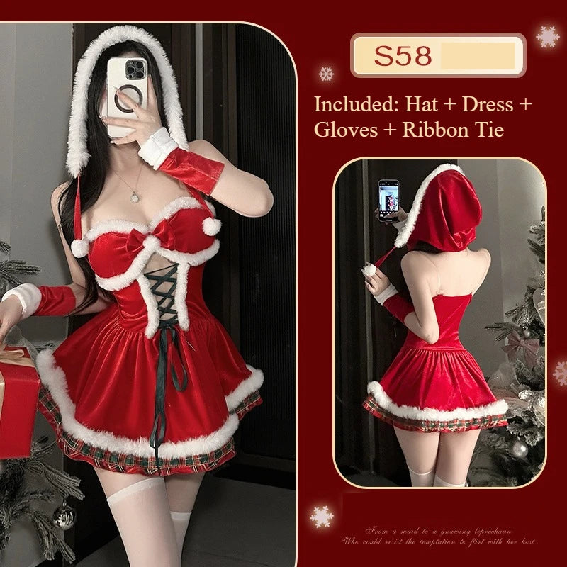  LIZAKOSHT  -  Women Christmas Costume Set Spaghetti Strap Velvet Mini Dress with Hood Gloves Lace Up Belt Xmas Festival Party Cosplay Outfit