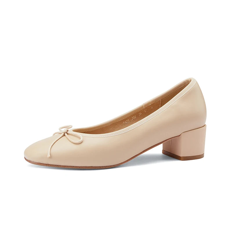 LIZAKOSHT  -  Genuine Leather Women Shoes Fashion Butterfly-knot Spring and Autumn Pumps Slip-On Casual Shoes Chunky Heel Size 34-40