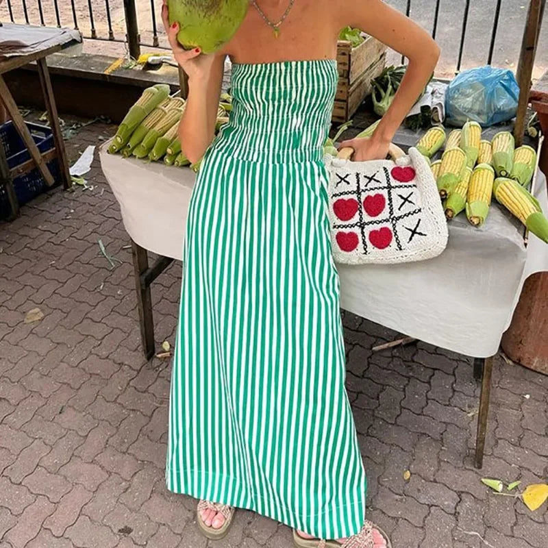 LIZAKOSHT  -  Sleeveless Party Dress, Women Summer Backless Patchwork Maxi Dress, Solid Strapless Elegant Ladies Dress Vestido
