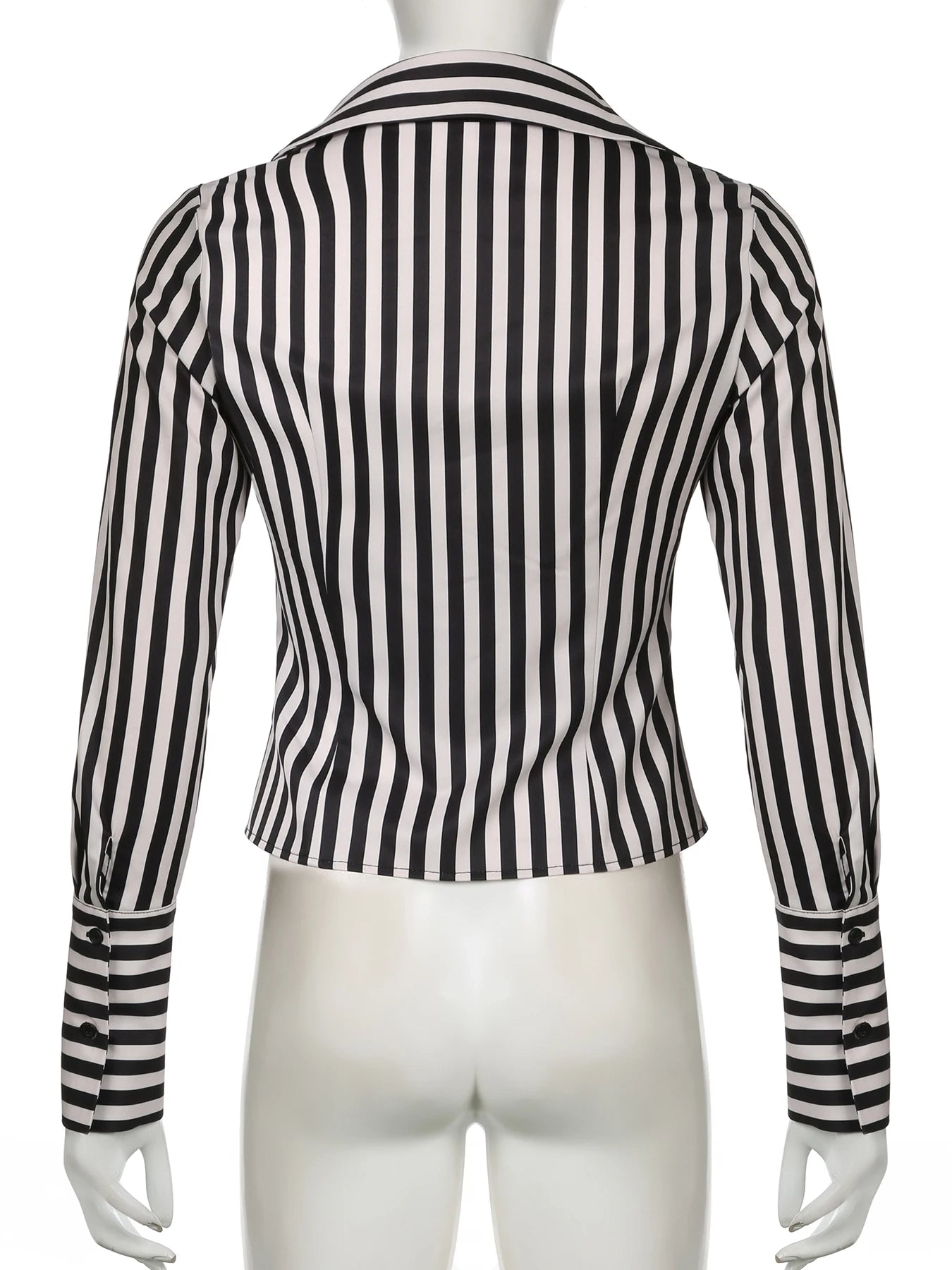LIZAKOSHT  -  Black White Striped Shirts Vintage Button Up Long Sleeve Crop Top Aesthetic Elegant Streetwear Y2k Casual All Match Top
