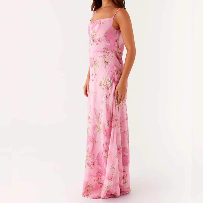 LIZAKOSHT  -  Floral Dress Women Spaghetti Strap Cowl Neck Backless Maxi Dresses Ladies Elegant Formal Long Dress Club Party Night