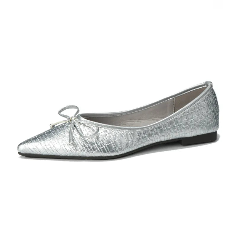 LIZAKOSHT  -  new designer leather waeved women flats bowtie slip on loafers silver plaid leather mocasines women working shoes size 42