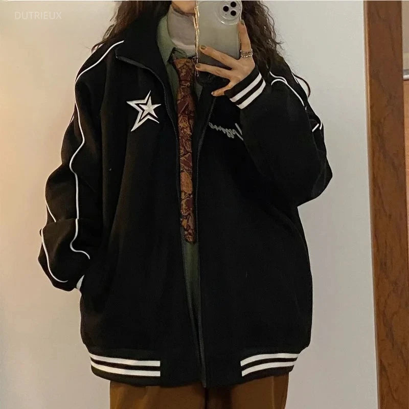LIZAKOSHT  -  Jackets For Women Star Letter Embroidery Stand Neck Thick Warm Chaqueta Retro Harajuku Street Fashion Veste Femme