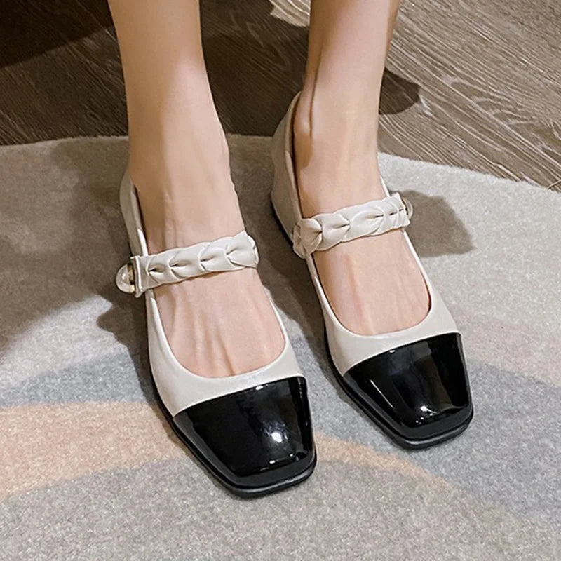 LIZAKOSHT  -  Women 4.5cm High Heels Elegant Evening Party Pumps Female Casual Pearl Buckle Strap Block Low Heels Lady Sweet Mary Jane Shoes